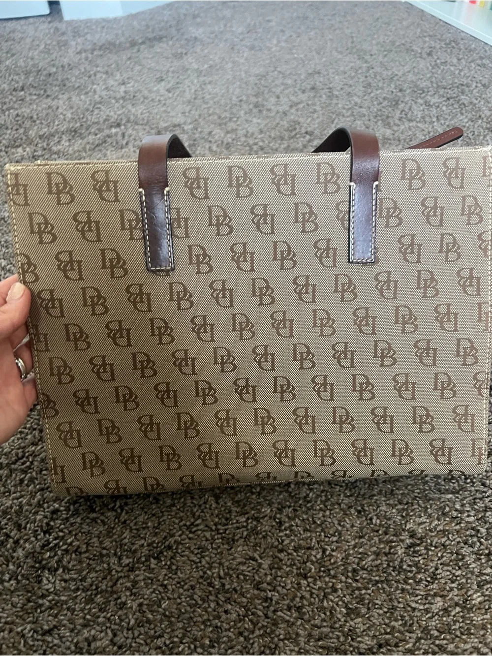 Vintage Dooney & Bourke Beige Signature Canvas Tote with Brown Trim